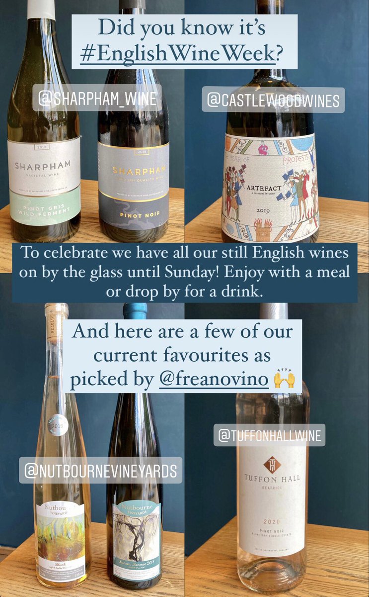 HoodStreatham's tweet photo. It’s English Wine Week and we are celebrating by putting all our still English wines on by the glass. So you can come try a glass and see what you think! Here’s a few of our favourites from @SharphamWines @CastlewoodRob @tuffonhall & #Nutbourne. #EnglishwineWeek https://t.co/kO0BdzHoQl