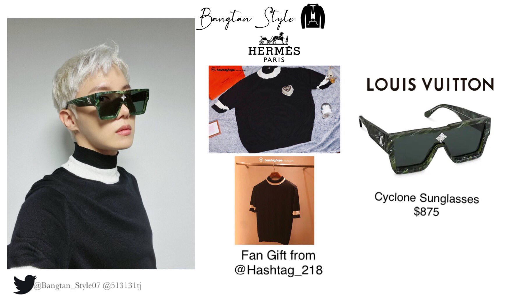 Bangtan Style⁷ (slow) on X: Twitter Post 210624 Hobi wears a gift from  @Hashtag_218 by Hermes and Louis Vuitton Cyclone Sunglasses ($875). #JHOPE  #BTS @BTS_twt  / X