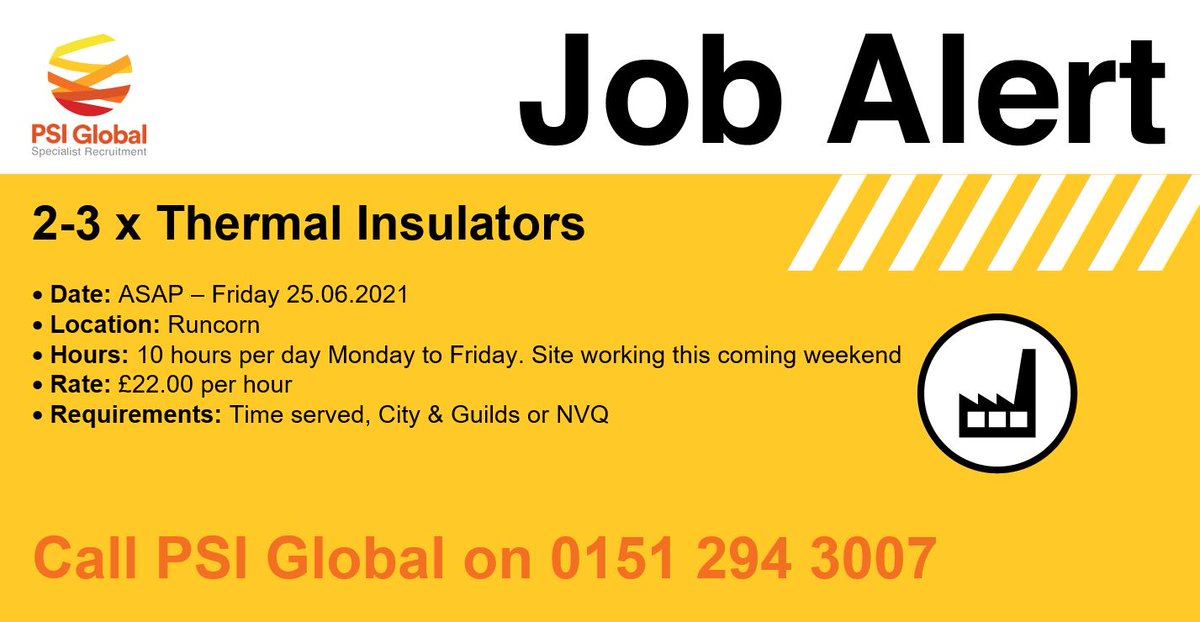 PSI_Recruitment's tweet photo. Job Alert: We're urgently looking for 2-3 Thermal Insulators to start a job in Runcorn tomorrow (25/6). Call 01512943007 now to apply if you meet our requirements below - or share with someone who might! @JCPinCheshire #RuncornJobs #ConstructionJobs #NowHiring https://t.co/j2YcmKYyR7