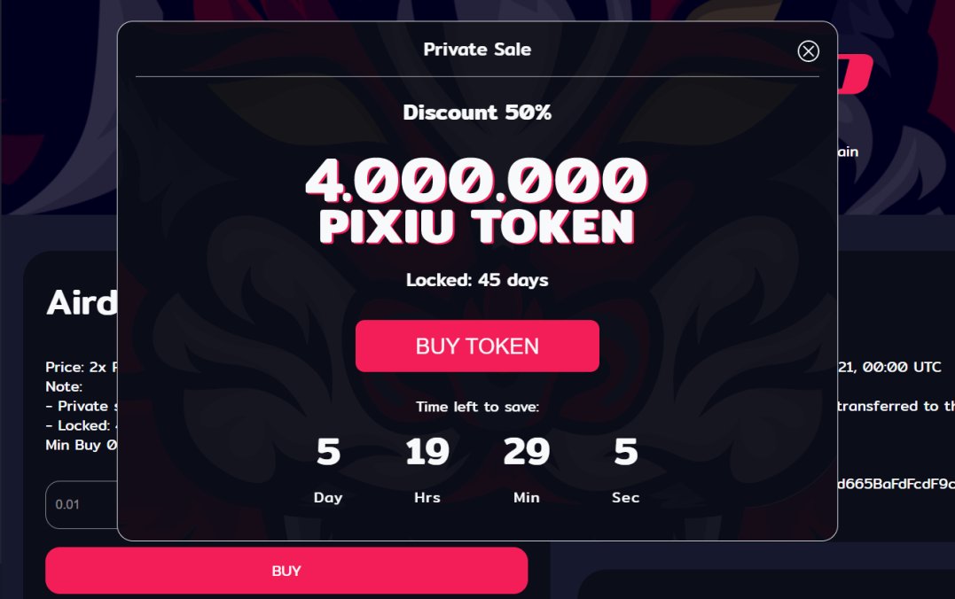 PRIVATE SALE IS COMING 
PixiuSwap is about to open private sale in 5 days with 4,000,000 PIXIU Tokens
10% of PIXIU Tokens will not be locked and rewarded after the Private Sale

Buy PIXIU tokens at the half price!! Don't miss it!   

📌Buy at: pixiuswap.org/#/sale