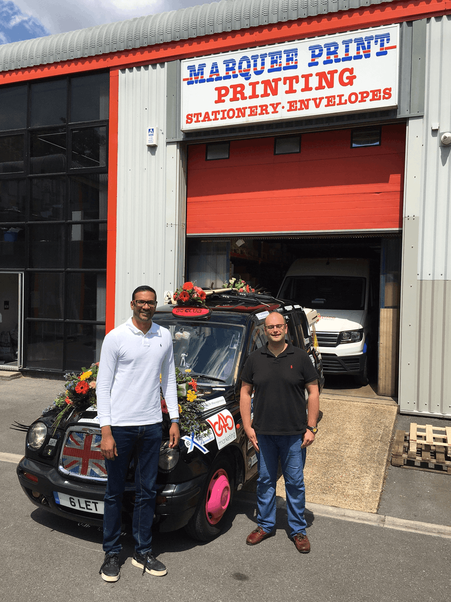 Yesterday at Marquee Print &amp; <a href="/SpeedyMarquee/">Speedy Marquee</a> we had a visit from Kevin from <a href="/LuxurycareGroup/">Luxurycare</a> driving The BC Club Taxi! 

Each week a member of The BC Club drives the taxi - doing at least 150 miles - whilst raising money for charity!