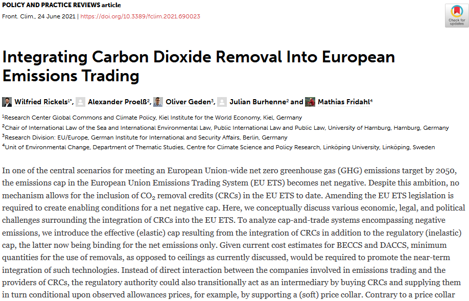 Today, #EUClimateLaw adoption by @Europarl_EN, enshrining target of net-zero GHG by 2050 & aiming for net negative emissions thereafter. But instruments for integrating CO2 removal into EU climate policy are still missing. Our new article on CDR in EU ETS frontiersin.org/articles/10.33…