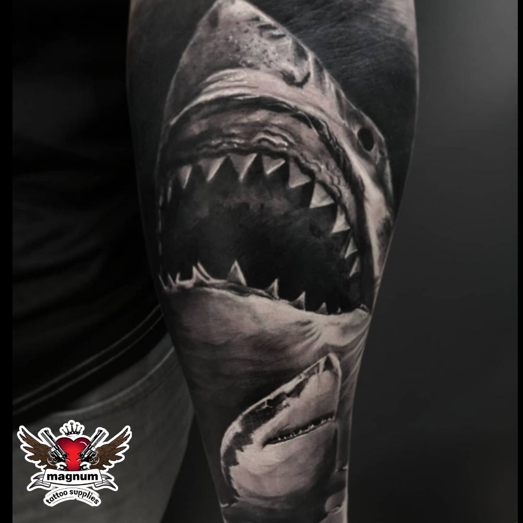 Calf tattoo in black and grey realism by Alo Loco London UK  The White  Shark Free Diving