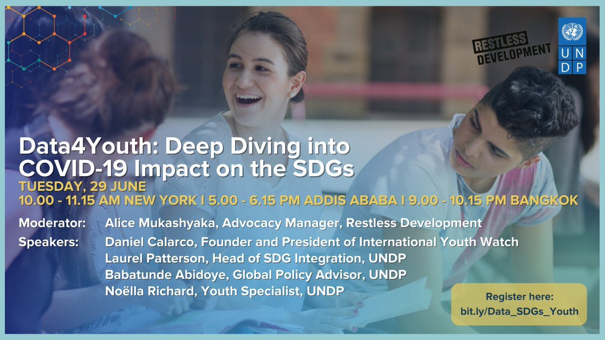 Interested in how data can power youth-led policy & advocacy work for the #GlobalGoals ?

Take part in this practical session on @UNDP’s COVID-19 Data Futures Platform and explore how we can make #data4dev more inclusive for all!

Join us on June 29 ➡️ bit.ly/Data_SDGs_Youth