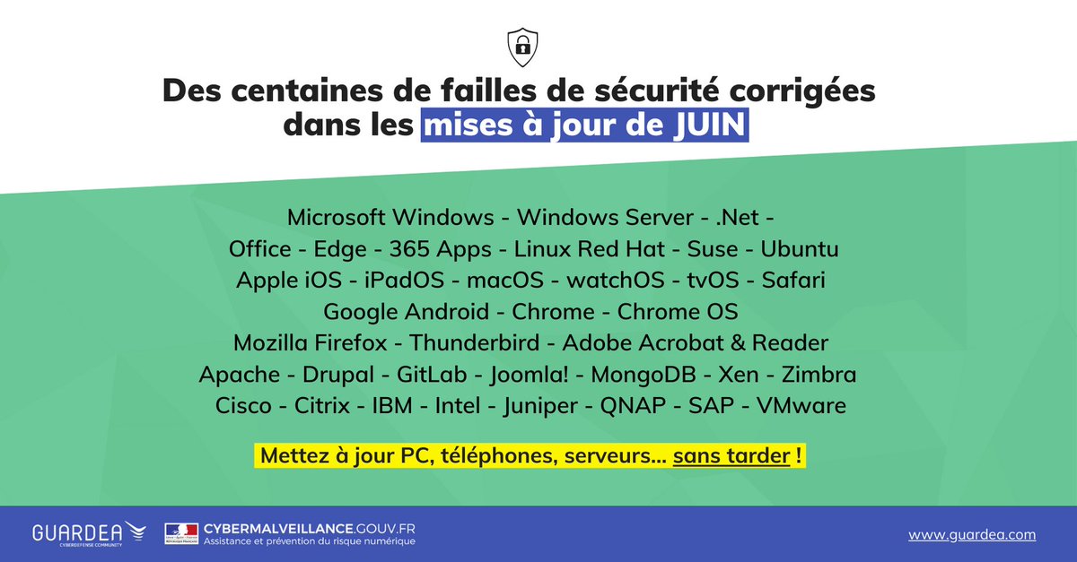 🛡Les mises à jour de Juin sont là !🛡
Et c'est des centaines de #failles de #sécurité qui ont été corrigées.

On compte sur vous pour mettre à jour PC, #téléphones, serveurs... sans tarder ! ✅
Plus d'info ➣➣ <a href="/ANSSI_FR/">ANSSI</a>