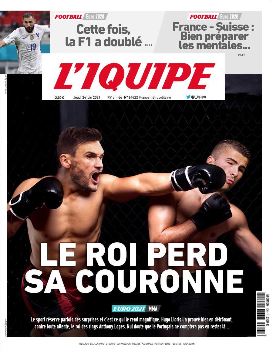 Voici la une du journal L'Iquipe du jeudi 24 juin :

- MMA : Le roi est tombé
- #PORFRA : Benzema en avait sous le capot
- 1/8ème de finale : La Suisse pour la France