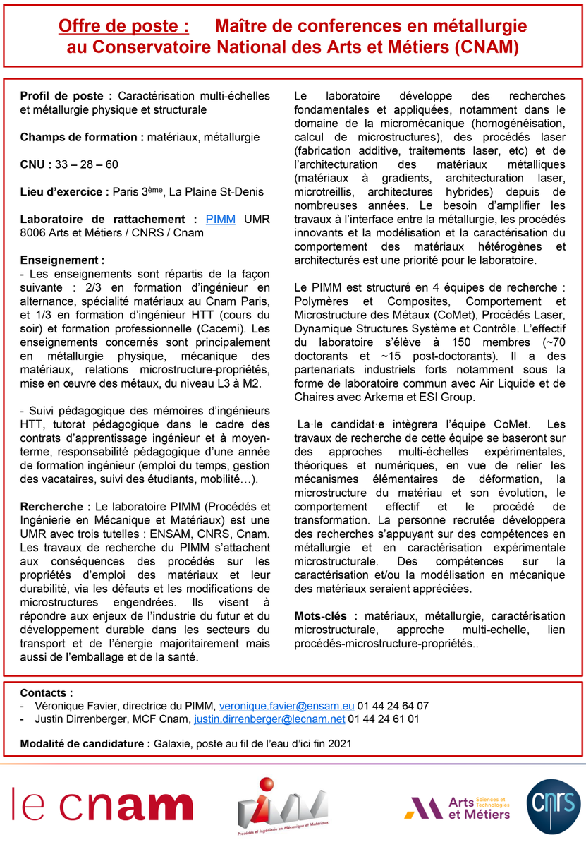 Nous recrutons un MCF en métallurgie au <a href="/LeCnam/">Le Cnam</a> <a href="/LabPimm/">Laboratoire PIMM</a> 
Plus d'informations ici : presentation.cnam.fr/le-cnam-recrut…