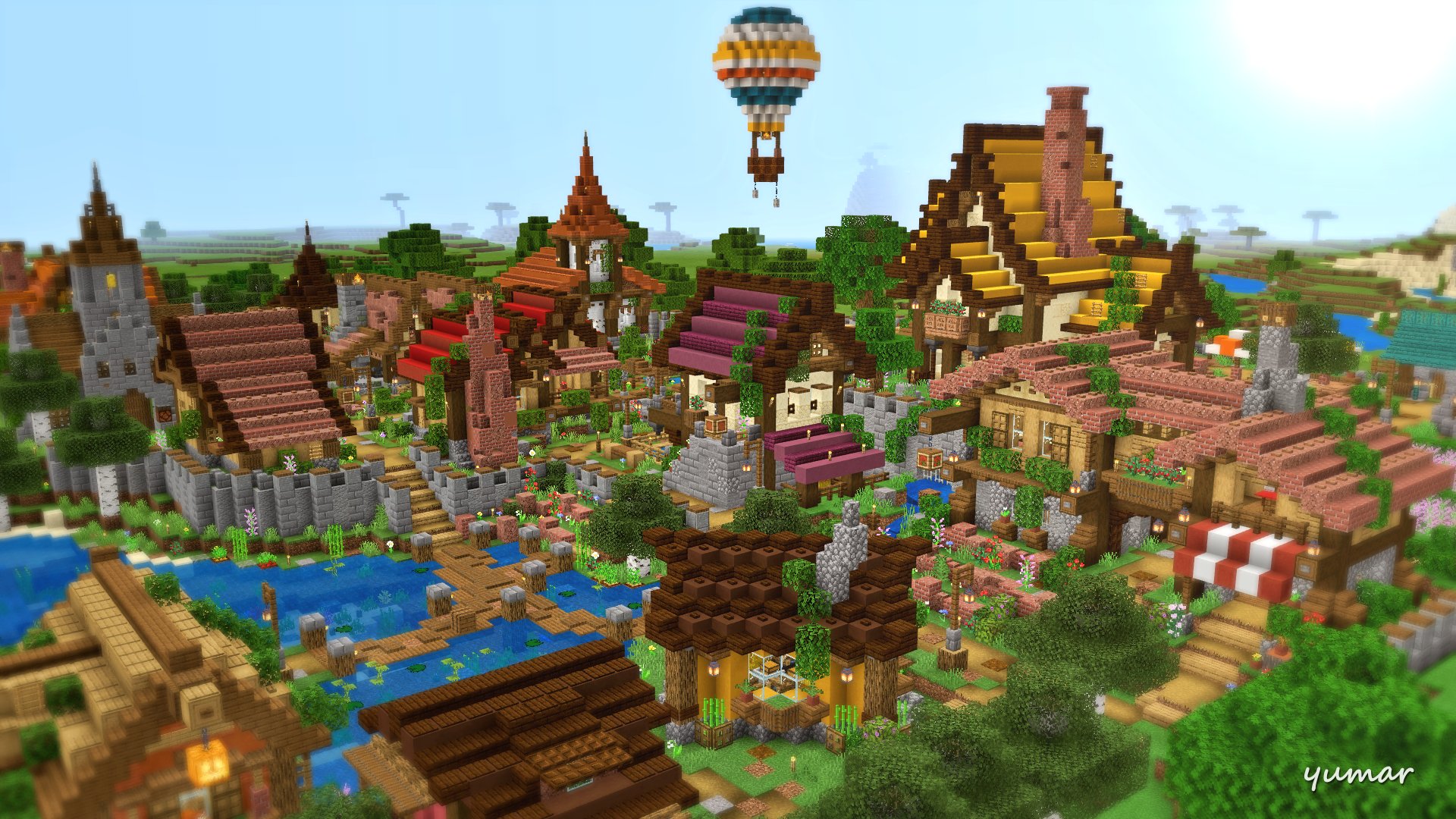 Yumar ゆま サバイバル建築村リフォーム 完成した村のスクショもついでに投稿させてください 気球も無事作れてよかったー Minecraft バニラ建築学部 マイクラ統合版 サバイバル建築クラブ T Co yi0uawhp Twitter