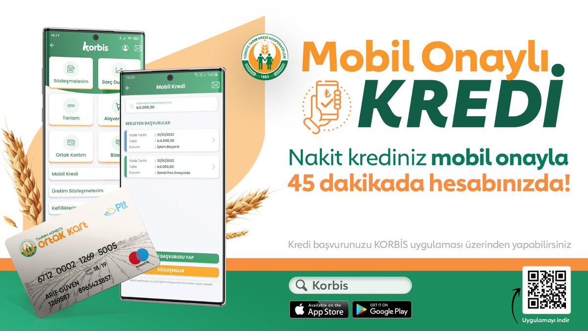 Tarım Kredi Kooperatifleri, üreticilerin uygun koşullarda finansmana erişimlerini hızlandırmak amacıyla Mobil Onaylı Nakit Kredi uygulaması başlattı. Kredi talepleri KORBİS üzerinden alınacak ve yapılacak doğrulama sonucunda hesaplarına 45 dakika içerisinde aktarılacak.