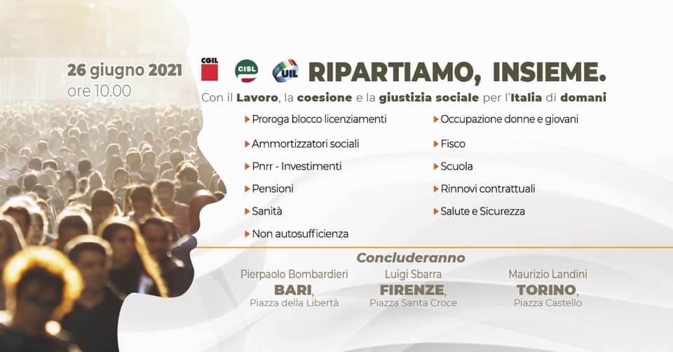 fai_cisl's tweet photo. #RipartiamoInsieme con il #lavoro, la #coesione e la #giustizia sociale per l’Italia di domani. 
📣Sabato #26giugno anche #FaiCisl alla #mobilitazione nazionale di #CgilCislUil a Torino, Firenze, Bari. 
Tutte le informazioni sul sito @CislNazionale. 

��� https://t.co/D8vUJ7ioB9 https://t.co/X2TOPnMK1G