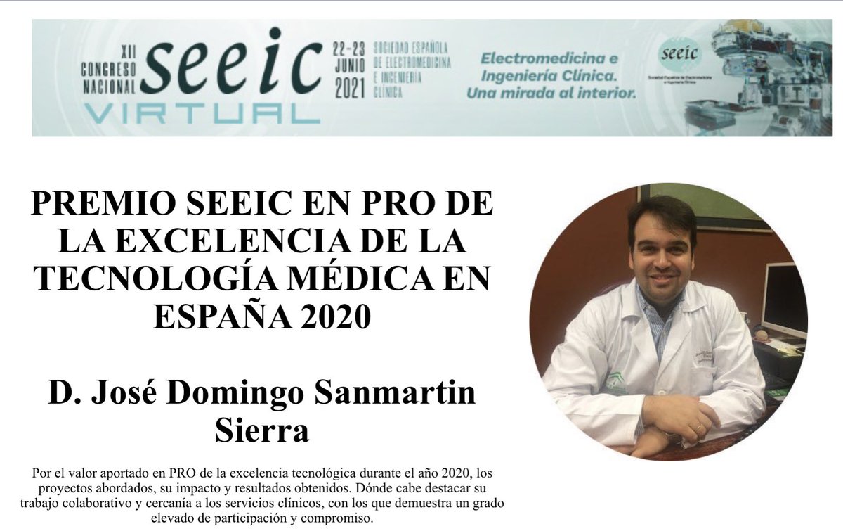 SEEIC_Spain's tweet photo. Premio SEEIC Excelencia Tecnologia Medica ⁦@JD_Sanmartin⁩ del ⁦@HospitalUVRocio⁩ https://t.co/EvyGp5zfj4