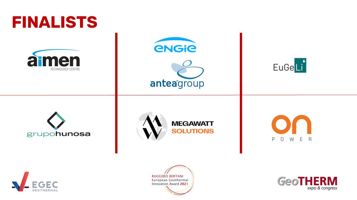 EGEC_geothermal's tweet image. Ready to know who the winner of the #GeoInnAward2021 is? ⏰ …. At 11:10 am on Stage 1 of #GeoTHERM

Have a look at the 6 finalists! &amp;gt;&amp;gt; bit.ly/3vSmjL0

🇪🇸 @aimenct 
🇪🇸 #HUNOSA 
🇫🇷 @ENGIEsolutions &amp;amp; @AnteaGroup 
🇫🇷 @GroupeEramet 
🇸🇪 @megawatt_ebox 
🇮🇸 #ONPower