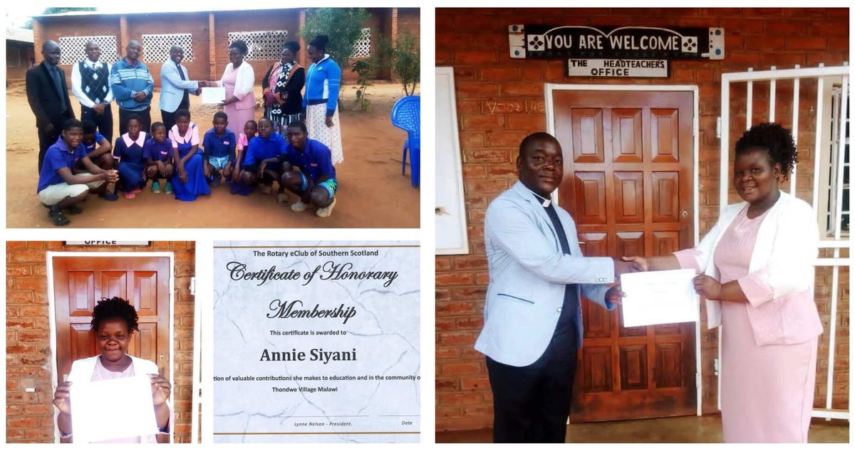 Congratulations to Head Teacher Annie at <a href="/StRonansSchool/">St Ronan’s Primary School</a> partner Thondwe Primary who was presented with Honorary Membership of the Rotary eclub of Southern Scotland! The club pledged to continue to raise money for desks for standard 5 learners.