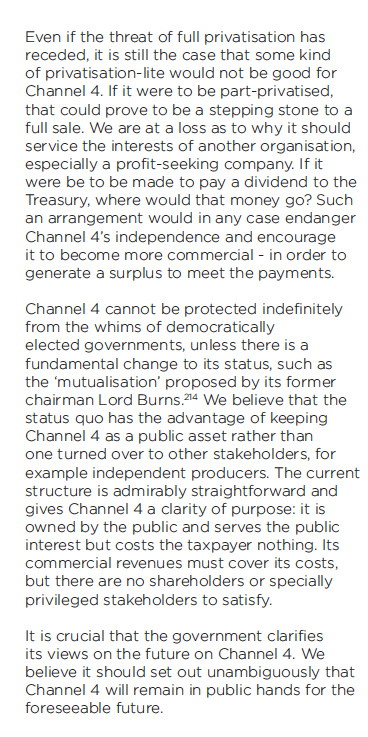 This is the 5th (or is it the 6th) attempt to sell off #Channel4 We dealt with the threat of privatisation in our 2016 report &amp; some of the same figures are still involved futureoftv.org.uk/wp-content/upl…