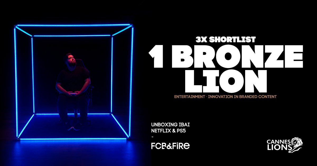 FCB_FiRe's tweet photo. Muy orgullosos de haber ganado un León de bronce en el Festival de @Cannes_Lions con nuestra campaña “Unboxing Ibai” de @NetflixES y @PlayStationES. 🦁 

¡Súper enhorabuena,  equipo! 🔥 https://t.co/Y3vVmv7D24