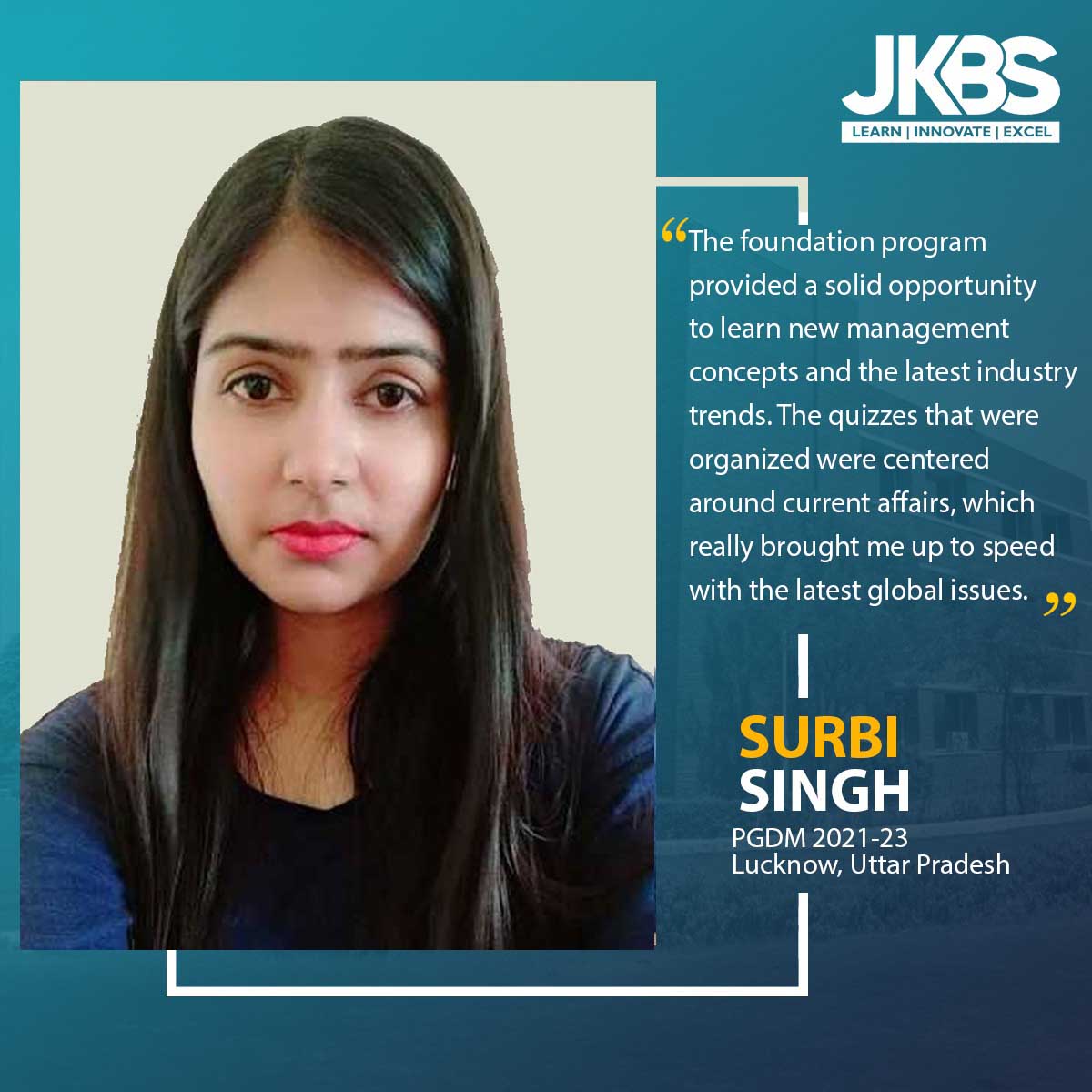 JKBSGurgaon's tweet image. Surbi Singh and Ujjwal Kaushal (PGDM 2021-23) share how the #FoundationProgram at #JKBS introduced them to valuable #managementconcepts and exposed them to the latest #industrytrends .

#JKBusinessSchool #JKBSTriEdge #Buniyaad #Industry #Orientation #Quiz #Testimonials