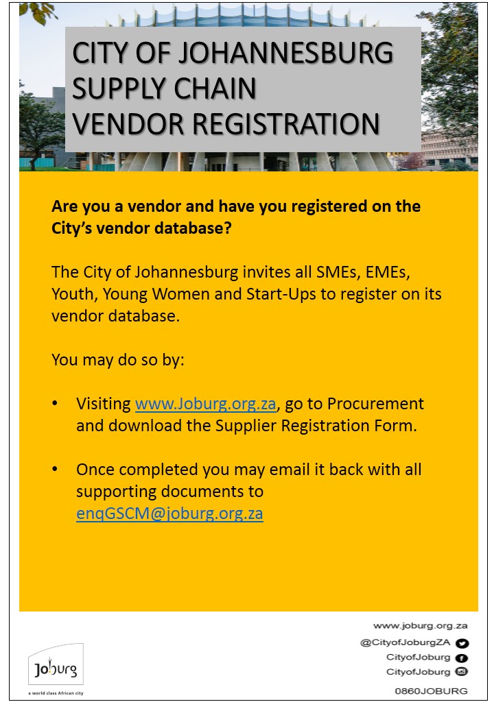 CityofJoburgZA's tweet photo. #JoburgUpdates

Are you a vendor and have you registered on the City's vendor database? 👇🏾 #JoburgServices #WeServeJoburg ^GZ https://t.co/qnDhekVFGK