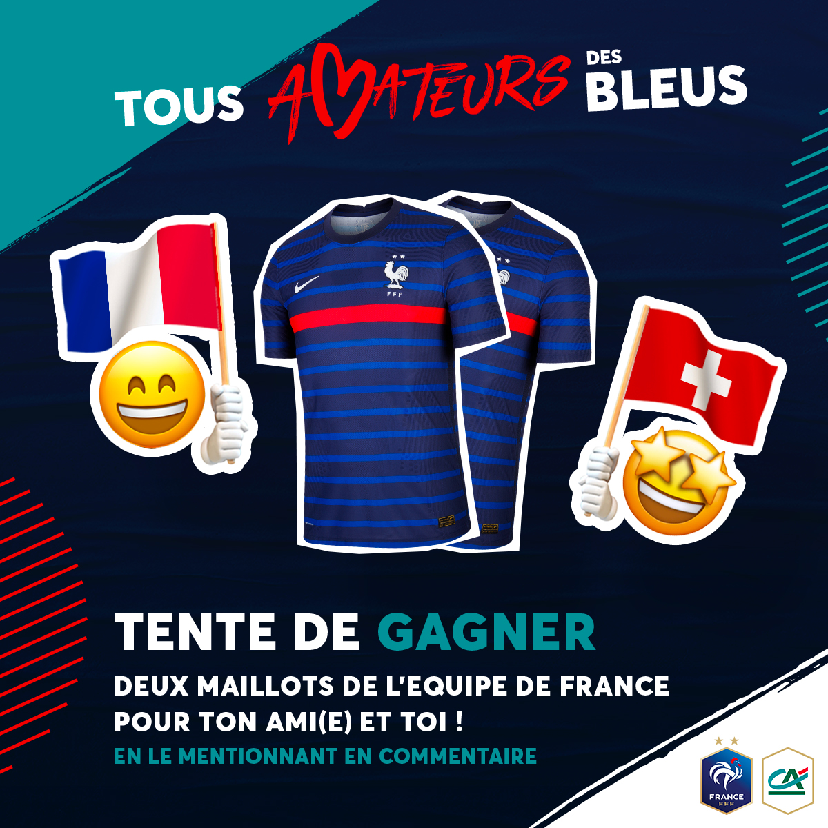 tousuncotefoot's tweet image. 🎁 JEU FRANCE 🇫🇷 🆚 🇨🇭 SUISSE
TENTE DE GAGNER DES MAILLOTS DE L’EQUIPE DE FRANCE 🇫🇷👕

🔁 RT + FOLLOW

👉 Mentionne la personne avec qui tu vas soutenir les Bleus face à la Suisse et remportez chacun votre maillot

🔥 3 Binômes récompensés

#ReunisGraceauxBleus @CreditAgricole