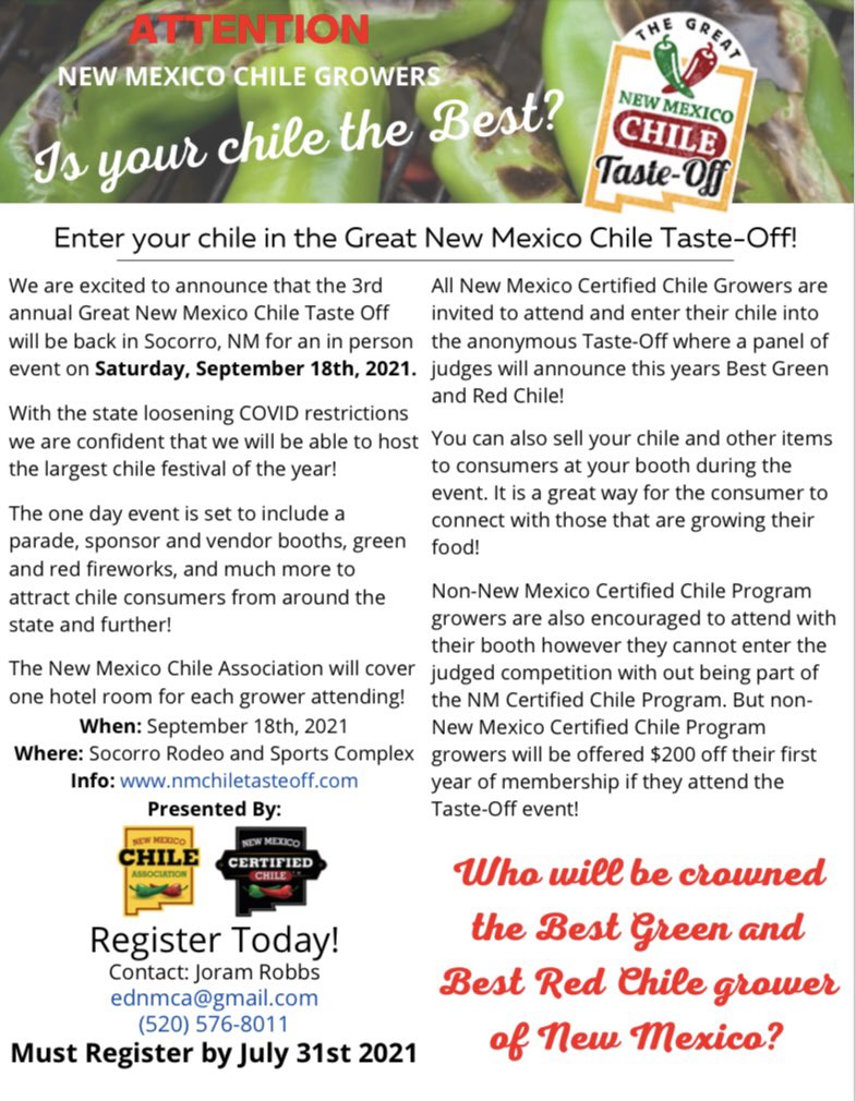 Calling all New Mexico Chile growers! Enter your Chile in this years Great New Mexico Chile Taste Off! You can enter at nmchiletasteoff.com