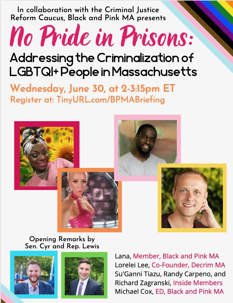 BlackAndPinkMA's tweet photo. On June 30th from 2-3:15 we are hosting our 3rd annual No Pride In Prisons briefing at the State House. We will update the community on the current state of criminalization for LGBTQI+ people and PLWH and the work we are doing to stop it. 

Register here:
https://t.co/2vvAPZ8GCy https://t.co/HY6LSK6qep