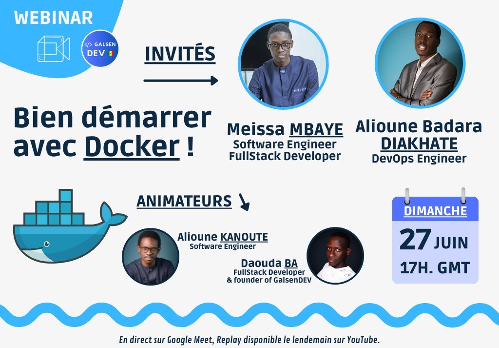 </ Hello la team 👋🏽 /> #kebetu #GalsenDEV

La communauté GalsenDev vous invite à son Webinaire sur Docker ce dimanche 27 Juin à partir de 17H. sur Google Meet.
Avec comme invités <a href="/the_it_dev/">Gojō Satoru</a> (Ingénieur Logiciel &amp; Développeur FullStack) et <a href="/BadaraDiakhate/">DIAKHATE Alioune Badara</a> (Ingénieur DevOps)
🔽🔽