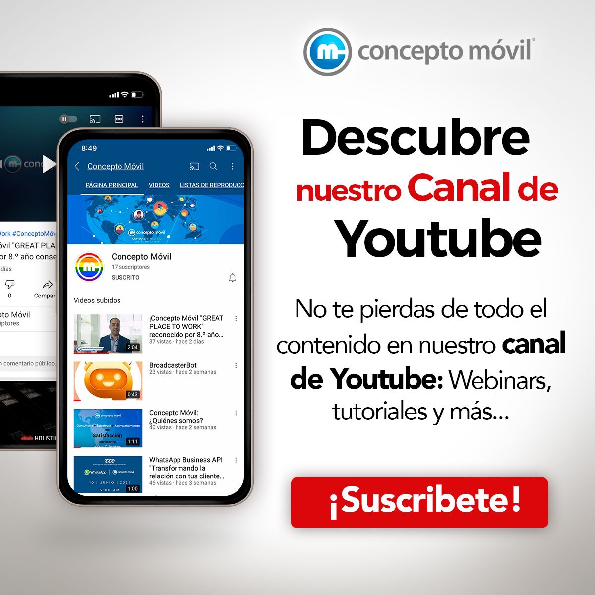 concepto_movil's tweet image. 🎉¡Disfruta de todo el contenido de nuestro canal de Youtube! 👨🏻💻Podrás encontrar webinars, tutoriales y más...😃 Suscríbete Ya 👉🏻 youtube.com/channel/UCiO51… #conceptomovil #youtube #tutorialesvideos #tecnologia #broadcasterbot