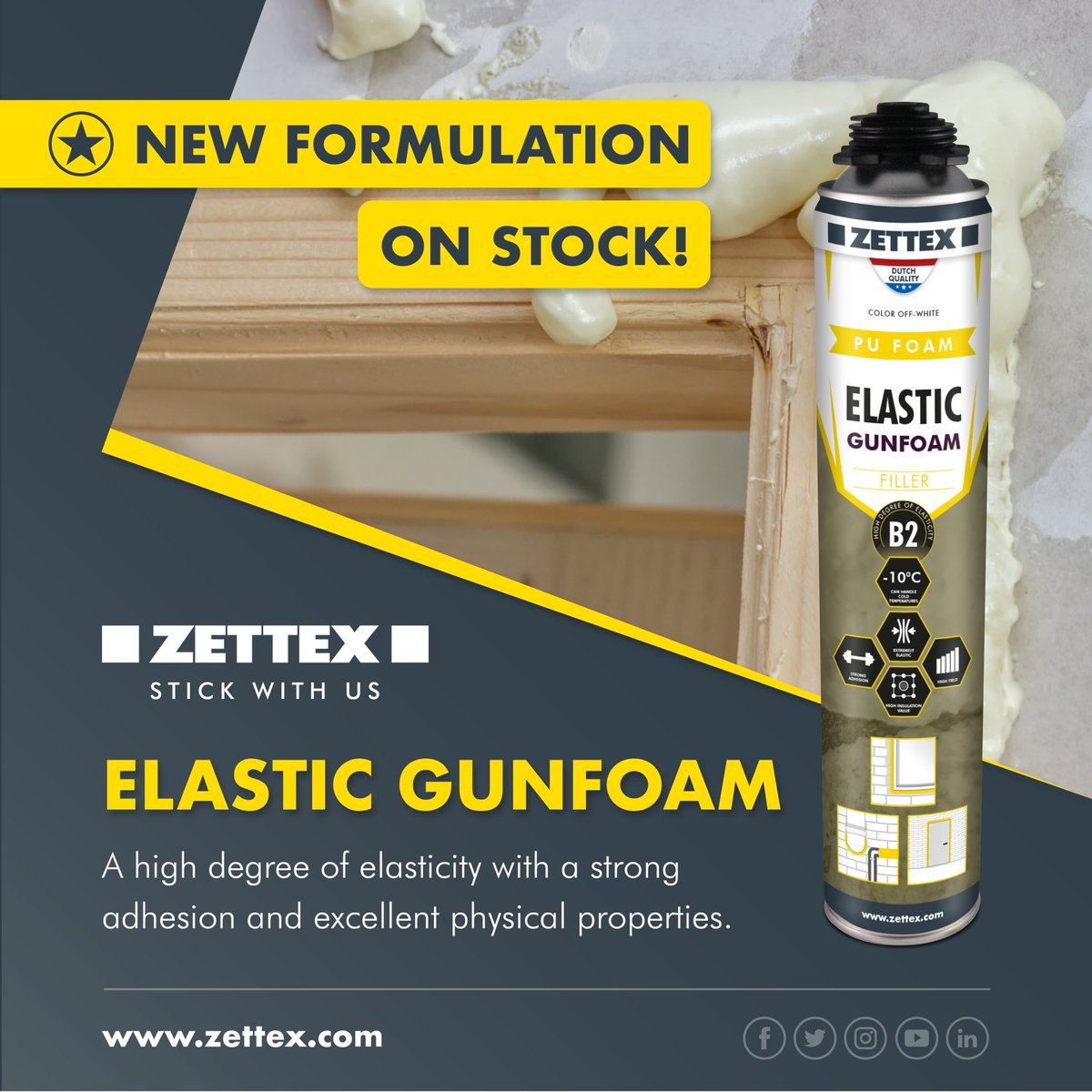 After a long period of developing and testing, we can proudly announce that our Elastic Gunfoam has significantly improved. However, we kept its price stable. #zettex #zettexeuropebv #flexfoam #pur #elasticfoam #pufoam #pur #polyurethane #polyurethanefoam #sealants #adhesives