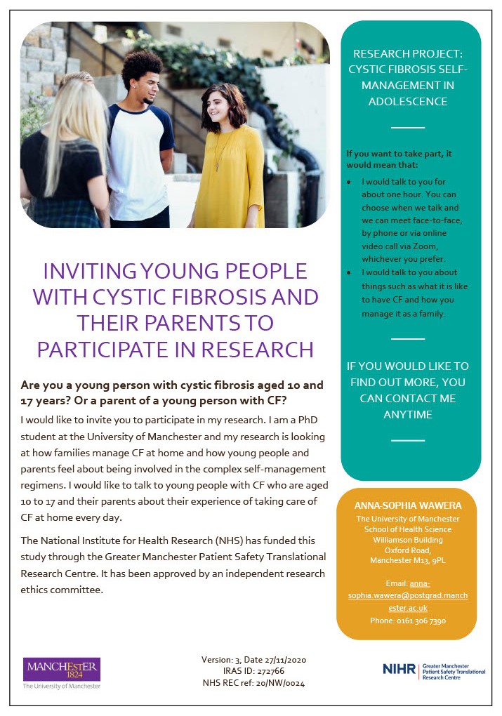 AnnaWawera's tweet photo. Are you a young person with Cystic Fibrosis? Or a parent of a young person with CF? I am a PhD student @officialUoM looking for participants for my study on how families manage CF. If interested, click on the image below for more info #cysticfibrosis
@CFTrustYouth
@CFTrust https://t.co/KtdN2A1CEQ