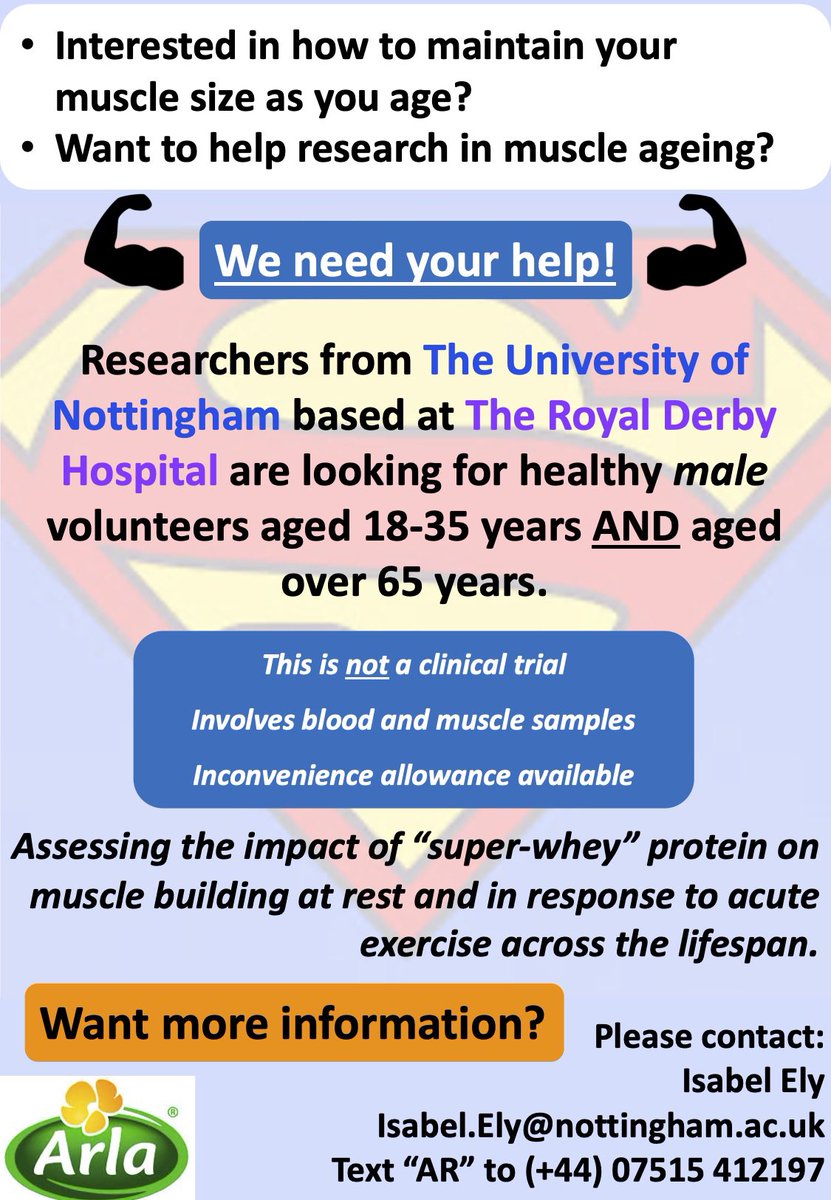 Centre Of Metabolism, Ageing & Physiology (COMAP) (@unad_research) on Twitter photo We are currently looking to recruit healthy young and older adult males to take part in a study investigating a “super-whey” protein supplement on muscle building across the lifespan. Please see poster below for more info. RTs greatly appreciated. <a href="/IzzyEly1/">Isabel Ely, PhD</a> We are currently looking to recruit healthy young and older adult males to take part in a study investigating a “super-whey” protein supplement on muscle building across the lifespan. Please see poster below for more info. RTs greatly appreciated. <a href="/IzzyEly1/">Isabel Ely, PhD</a>
