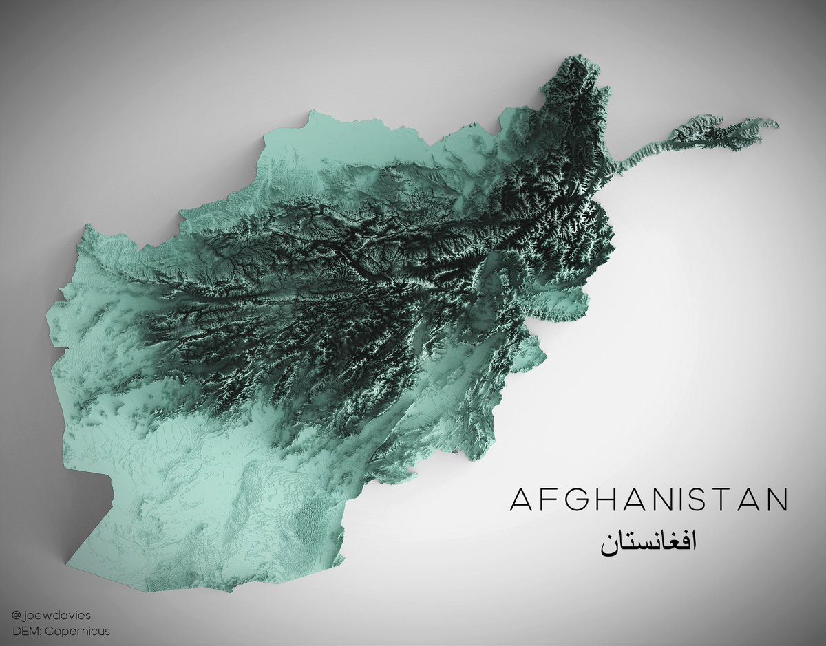 joewdavies's tweet photo. Shaded relief map of Afghanistan as requested by @DanielRChaplin.

The Wakhan corridor looks interesting.

Where next? 
#Blender3d #GIS #Afghanistan https://t.co/aisSfxZNEE