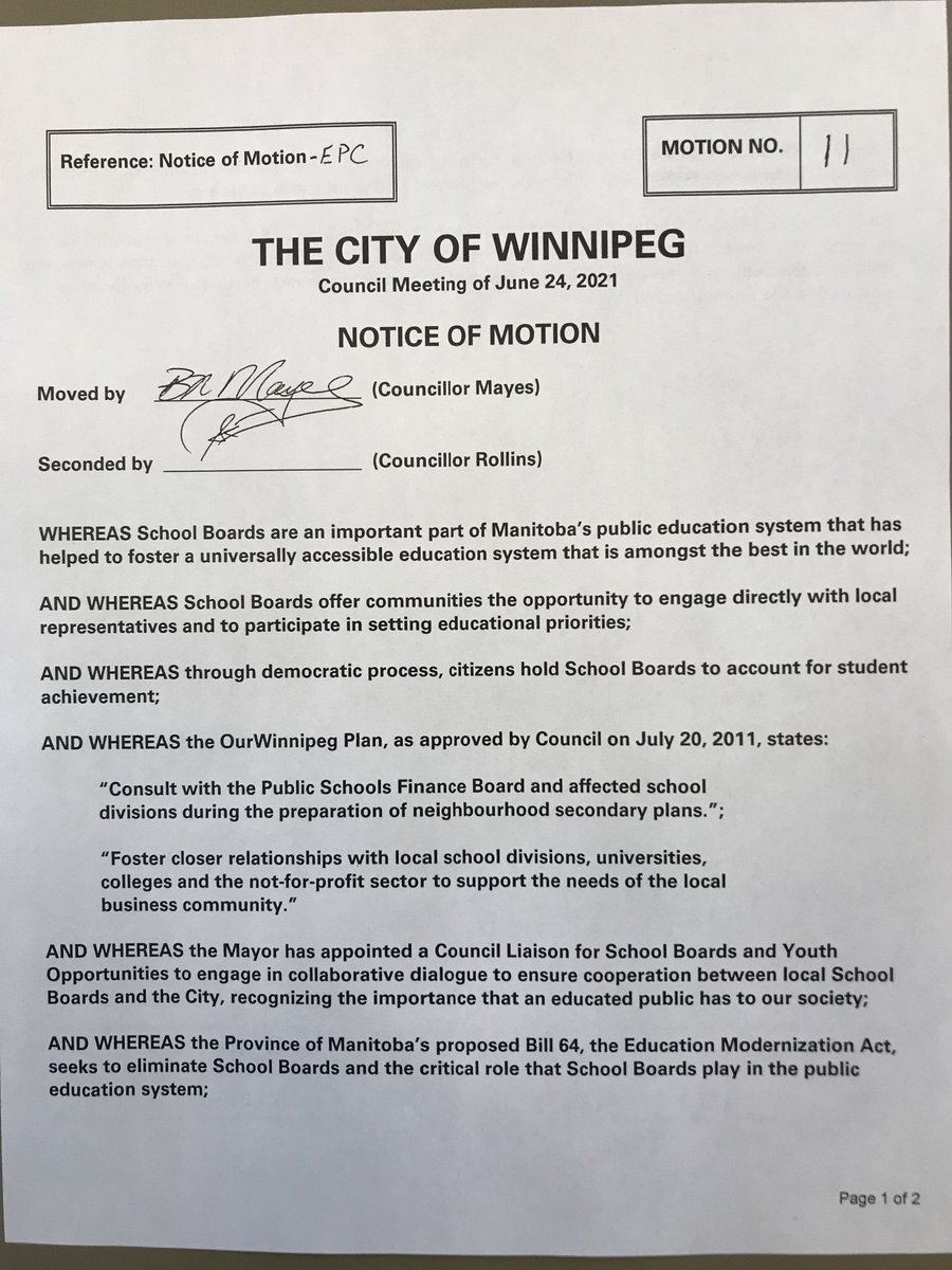 B_MayesSTV's tweet photo. Thx to ⁦@SherriLRollins⁩ for working w/ me on this Motion (to be debated at July Council) regarding Bill 64 &amp; the need to retain elected school trustees. ⁦@MBSchoolBoards⁩ https://t.co/XRDiK8vkrR