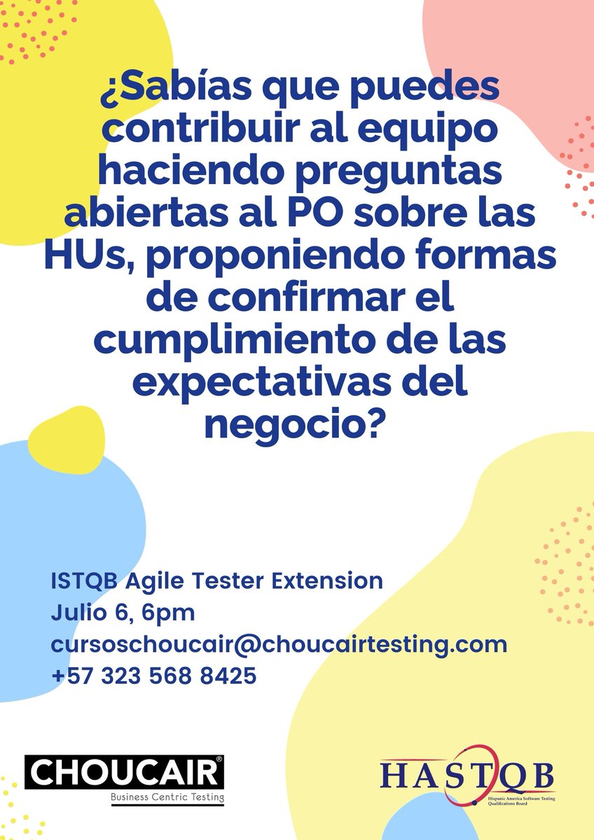¿Sabías qué?
ISTQB Agile Extension, Julio 6, 6pm con <a href="/TestingChoucair/">Choucair Testing</a>  cursoschoucair@choucairtesting.com +57 323 568 8425
lnkd.in/g42jCsY
#sertesterescool #businesscentrictesting #abctesting #agilebusinesscentrictesting #testing #agile
<a href="/SiemensKyle/">Kyle Siemens</a> <a href="/HASTQB/">HASTQB</a>