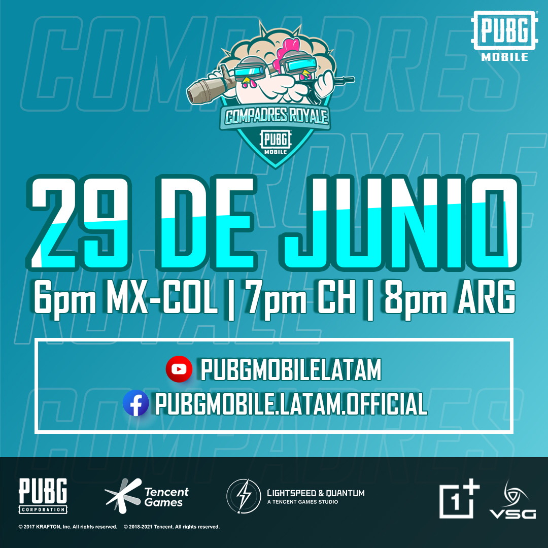 PUBGMOBILELATAM's tweet photo. Mira lo que se avecina a la vuelta de la esquina...👀 ¡#CompadresRoyale regresa en 5 días! 🐓
Acompaña a nuestro escuadrón de creadores al campo de batalla 💪
📆 29 de junio
⏰ 6pm MX-COL | 7pm CH | 8pm ARG
📺 YouTube y Facebook https://t.co/0LZdAbkKd1