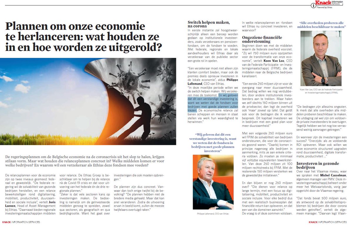 EthiasNL's tweet photo. #Relanceplannen voor de economie:✅Wat houden ze in? ✅Welke middelen worden ingezet door #FPIM, @pmvnv, @SRIB_BXL, @SOGEPA_Wallonie, @SRIWGroup ? ✅Welke rol voor #Ethias? Hoe gaat ze een deel van de premies investeren in de lokale economie? Antwoorden in @Knack! #MVO #Menselijk https://t.co/NH4JKthKS5