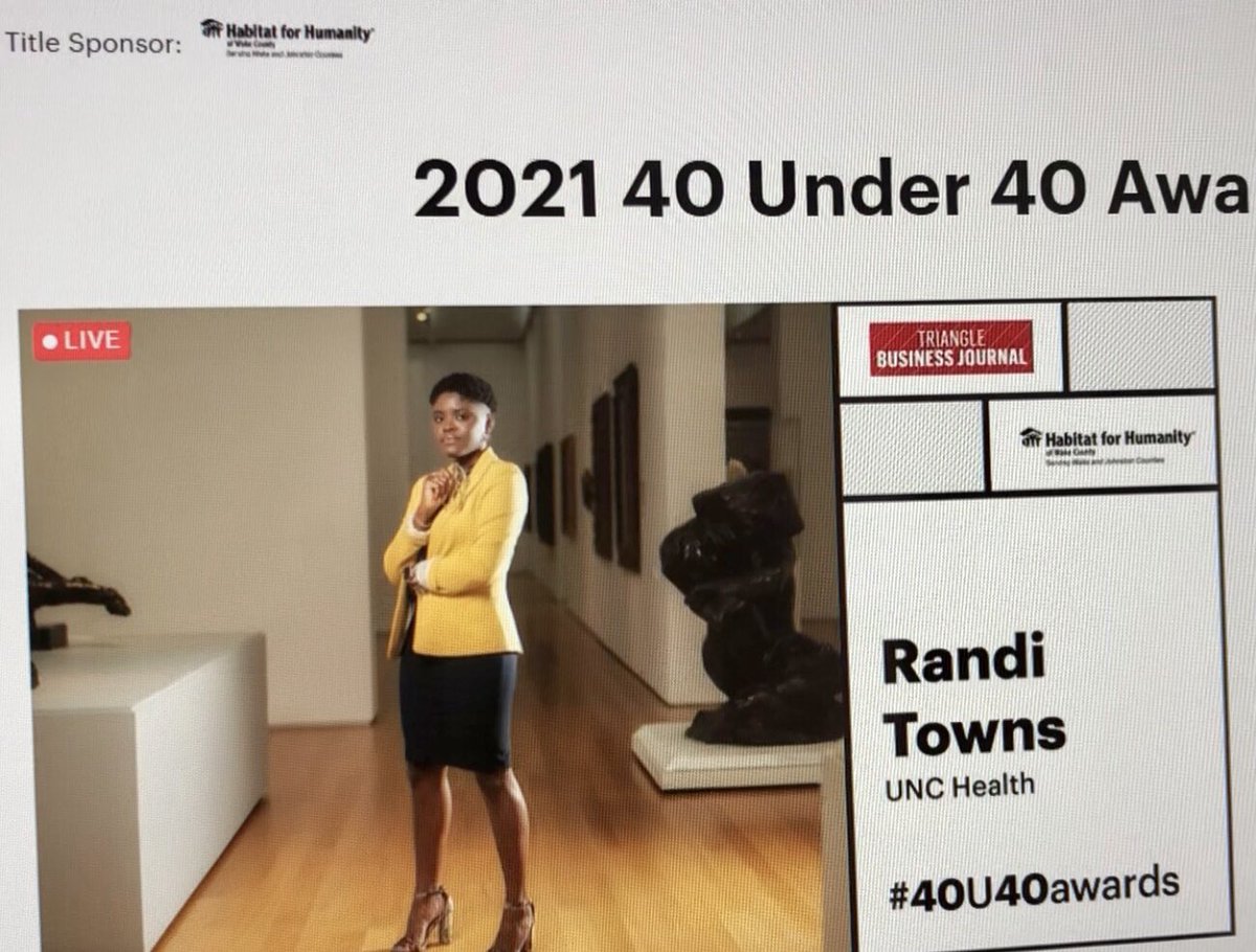 <a href="/RandiJTowns/">Randi Towns</a> named one of <a href="/TriangleBIZJrnl/">Triangle Business Journal</a> 2021’s 40 Under 40!!  Our team (<a href="/UNC_Health_Care/">UNC Health</a>  <a href="/DrCrystalCene/">Crystal Cené, MD, MPH</a> &amp; <a href="/UNC/">The University of North Carolina at Chapel Hill</a>) is lucky to have a colleague as special as Randi ❤️ #HealthEquity #SDoH #40U40Awards #NC <a href="/Habitat_org/">Habitat for Humanity</a> <a href="/orangehabitat/">Habitat for Humanity of Orange County, NC</a> <a href="/ChathamHabitat/">Chatham Habitat</a>