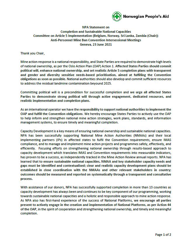 NPAdisarm's tweet photo. 📢📜Read a full NPA Statement on #Completion and #Sustainable #NationalCapacities at @MineBanTreaty #MineBanIM
#OAP #CapacityDevelopment #NationalPlatforms
@MineActionRev https://t.co/vVZS67e0HS