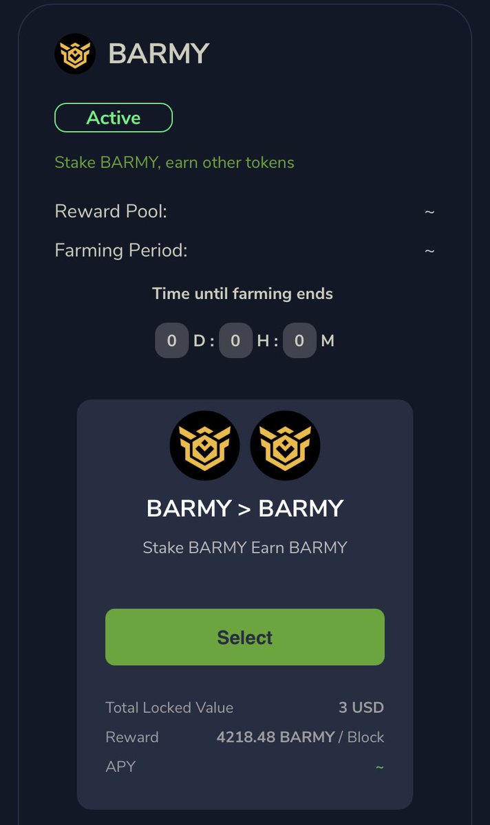 launchzoneann's tweet image. Since we have done the backtesting for the $BARMY single-staking pool earlier than estimated, we would like to launch the $BARMY staking pool now.

$BARMY holders can stake $BARMY to get even more $BARMY.

✅No transaction tax
✅No token inflation

#BankOnBSCX
