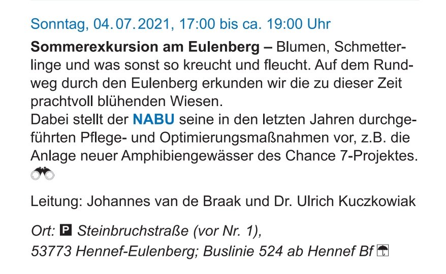NABU_RheinSieg's tweet photo. Sommerexkursion am Eulenberg - Blumen, Schmetterlinge und was sonst noch kreucht und fleucht
So., 04.07.2021, 17:00 bis ca. 19:00 Uhr
Parkplatz Steinbruchstraße in Hennef-Eulenberg
#exkursion #sommer #natur #entdecken #hennef #eulenberg #rheinsieg #wanderung #naturschutz #nabu https://t.co/Z9EQEVLTIz