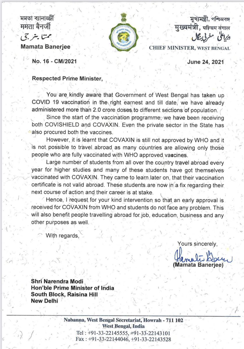 MamataOfficial's tweet image. I have written to the Hon&apos;ble PM today seeking his intervention for an early approval for COVAXIN from @WHO.

A large number of students travel abroad for pursuing higher studies and amid an already critical situation, we must take every possible step to ease their lives.