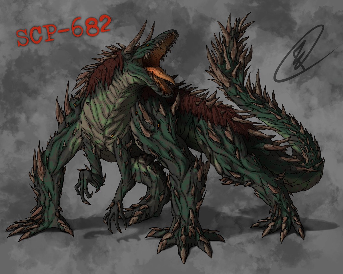 Generate an eerie and intense artwork depicting scp-682, a large  reptile-like creature with regenerative abilities and a profound hatred for  all life. the creature should be portrayed within its containment chamber, a