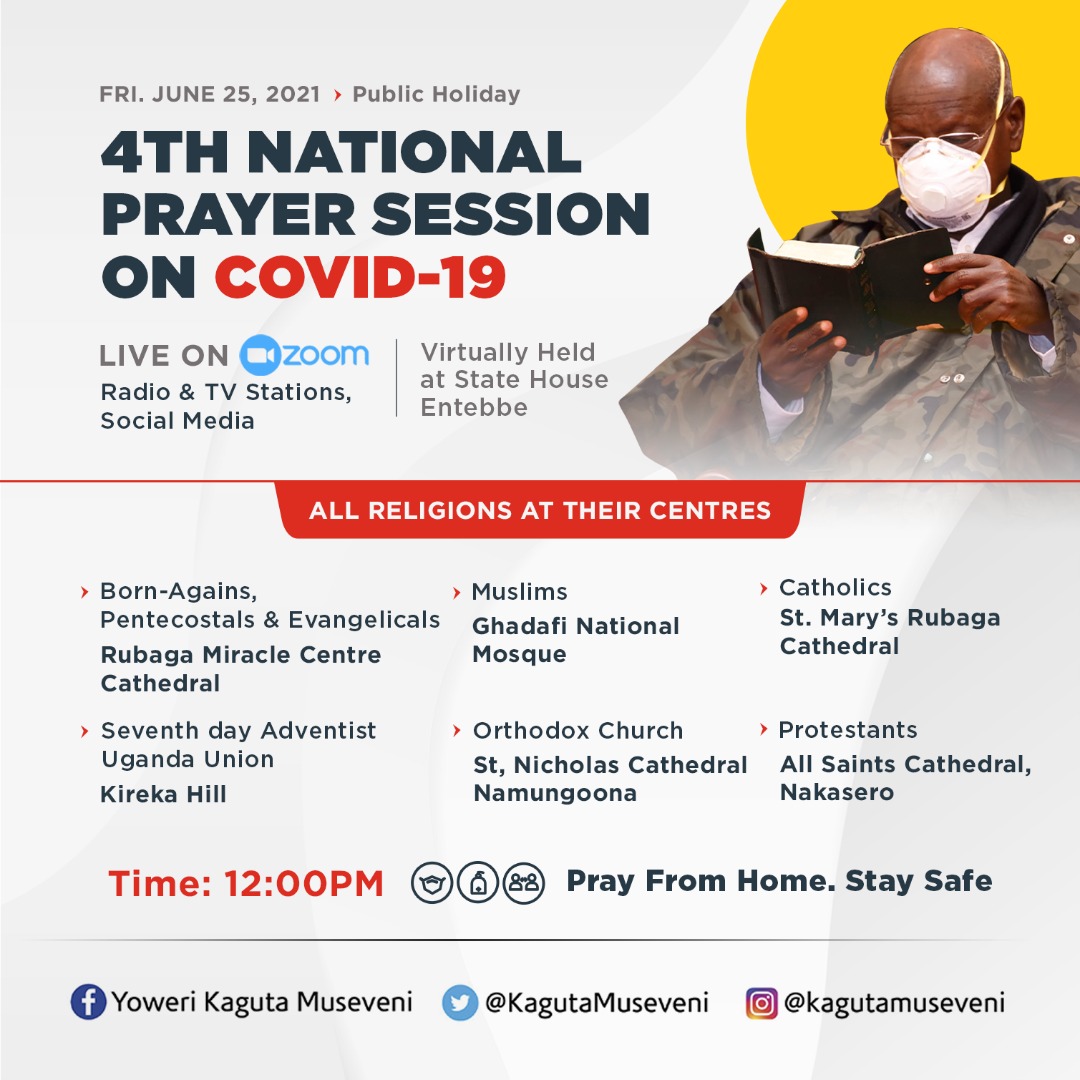 Through <a href="/GCICUganda/">Government Citizen Interaction Centre</a> <a href="/KagutaMuseveni/">Yoweri K Museveni</a> would like to urge us to seek the Lord from our homes if possible. Prayers will be led by the different leaders via Zoom and broadcast on all major radios and TVs. God will save our land from COVID-19