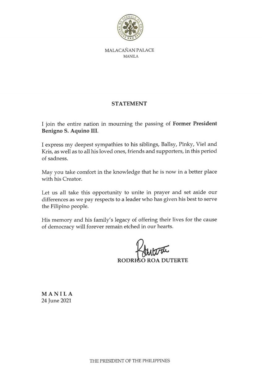 newswatchplusph's tweet photo. READ: President Rodrigo Duterte expresses his deepest sympathies to the family and loved ones of former President Noynoy Aquino. https://t.co/zjLxEQXQCt https://t.co/bqvtr1MwuG