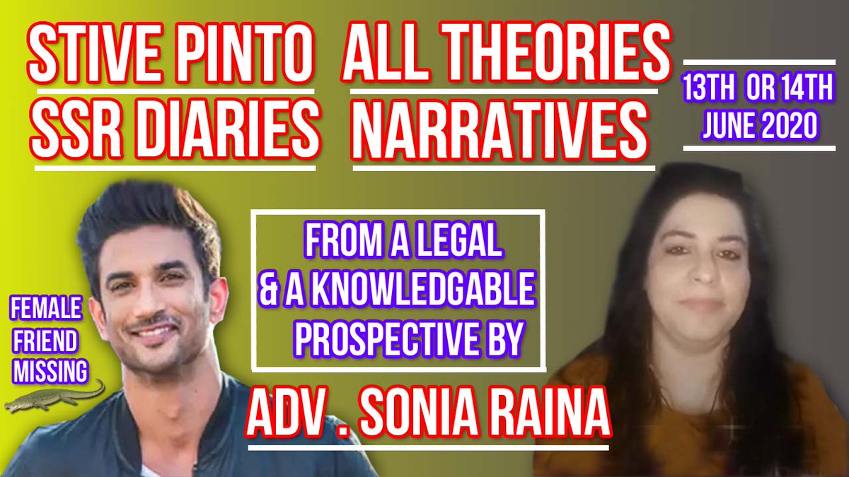 ASMedia_Bharat's tweet photo. #StivePinto #ssrdiaries All Theories & Narratives ( 13th or 14th June 2020) Female Friend Missing (🐊)
Know From The Legal & Knowledgeable Prospective By Adv @soniaRainaV I Must Watch https://t.co/WvGCX6XWBi via @YouTube https://t.co/zuNKJyTCBh