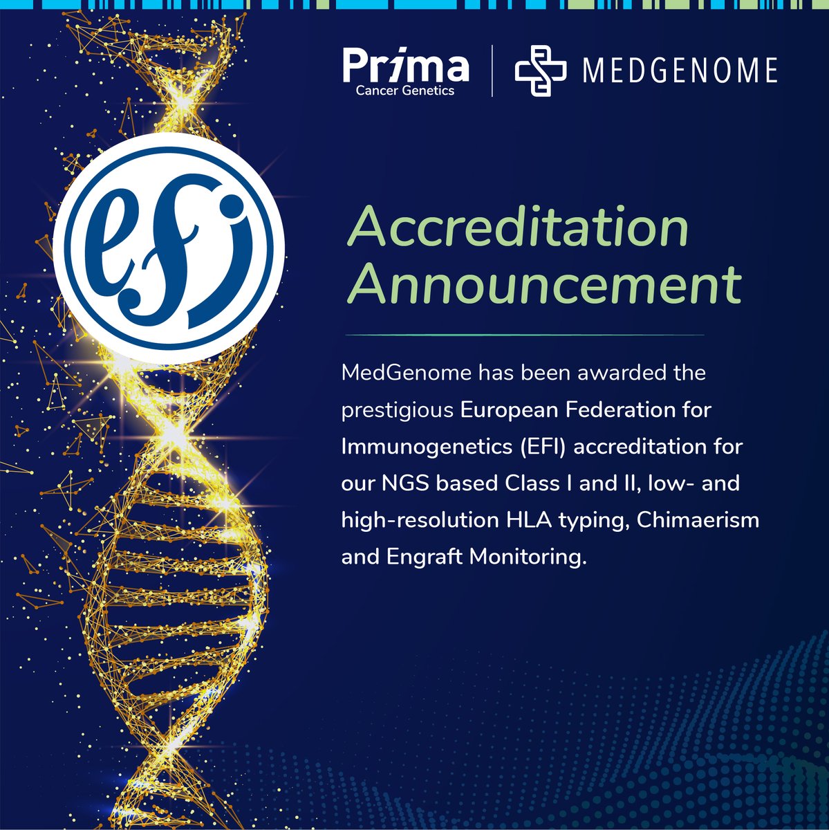 MedGenomeLabs's tweet photo. MedGenome has been awarded the European Federation of Immunogenetic accreditation for our NGS-based Immunogenetics services. We are proud to be one of the few labs in India to receive this accreditation.
#GeneticTestingIndia #Immunogenetics #Histocompatibility #HLAtesting https://t.co/3WvrWF9fZt
