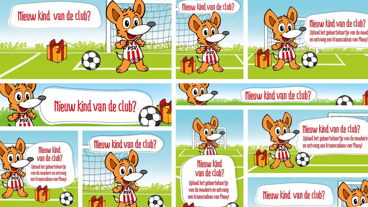 Vaak zie je als supporter maar enkele uitingen van een campagne. Echter wordt er veel meer gemaakt. Zo zijn er voor deze campagne 48 onderdelen opgeleverd. Denk daarbij aan verschillende maten banners, socials, flyers, gamification en animatie. #PSV