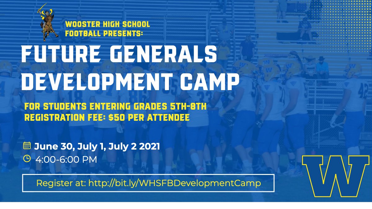 woogeneralsfb's tweet photo. Join us next week; Wednesday, Thursday, and Friday for our Future Generals Camp. Located at Follis Field, with check-in at 3:45 PM and dismissing at 6:00 PM. Link to sign up: https://t.co/r7KkA4WVhX Hope to see you there! #GoWoo https://t.co/NQRHShG3cL