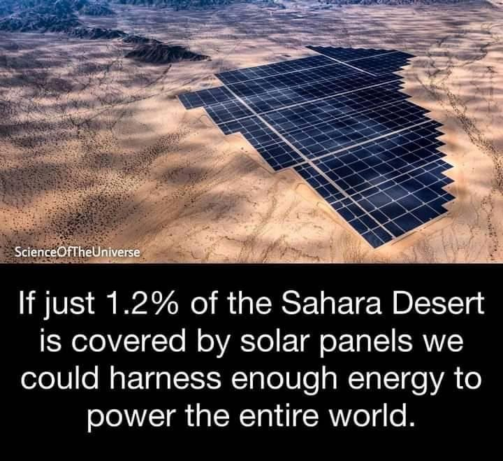 MarcusWadsak's tweet photo. 'wo soll der Strom herkommen?' Nachhaltig erzeugt - etwa mit Wasser, Wind oder Sonnenkraft. Wenn wir nur etwas mehr als 1% der Sahara mit Sonnen-Paneelen ausstatten hätten wir den weltweiten Strombedarf gedeckt. im 2. Foto seht ihr, dass das schon gemacht wird und funktioniert: https://t.co/2eYprDmhEA