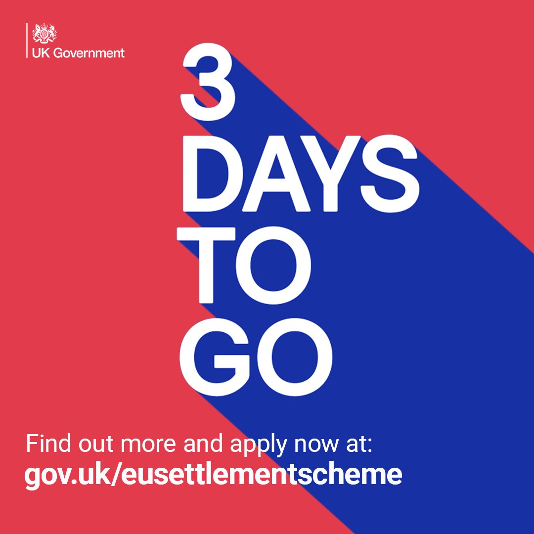 There are now just 3 days until the EU #SettlementScheme deadline of 30 June ⏲️

Please apply TODAY if you are an EU, EEA or Swiss citizen or their family member (and resident in the 🇬🇧 by 31 December).

➡️ gov.uk/eusettlementsc…