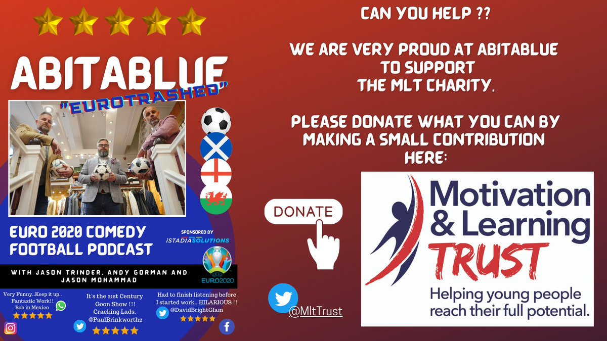 Please, if you can spare it and enjoy the #Podcast we're supporting the amazing #Charity <a href="/MltTrust/">Motivation & Learning Trust</a> during our #EURO2020 Series 

Donations of any size can be made here⬇️👍🙏⚽️💙
#YoungLearners
#WhoWeAre #MakingBetterCitizens
<a href="/MPCT_HQ/">MPCT</a>
⬇️⬇️⬇️🙏👍
motivationandlearningtrust.org/donate/