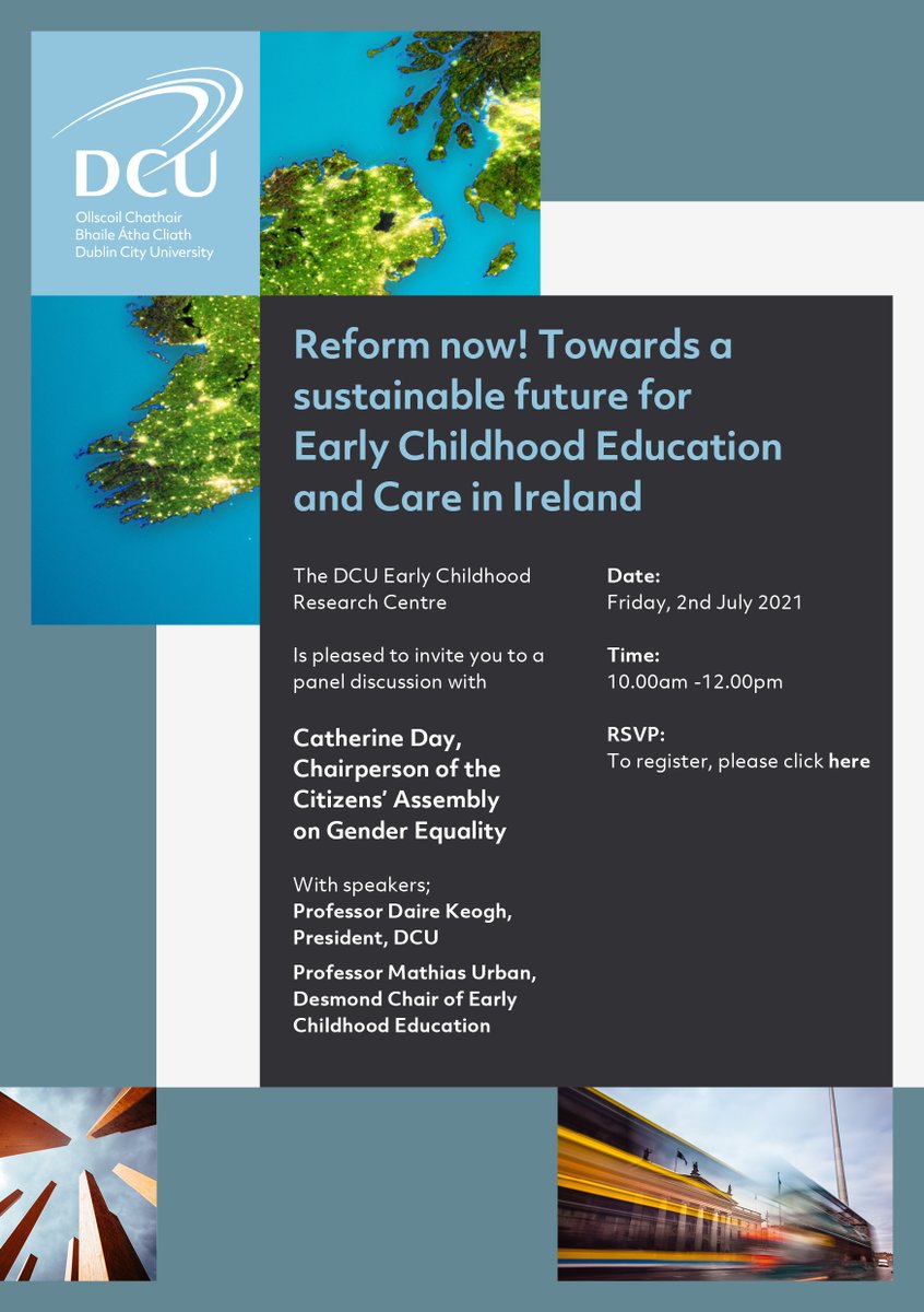 dcu_ecrc's tweet photo. 📢Join us for a discussion with Catherine Day, Chair of the @CitizAssembly on #GenderEquality. 

What are the implications of the #CitizensAssembly recommendations for the future of #ECEC services in #Ireland? How do we arrive at a universal, public #EarlyChildhoodSystem? https://t.co/S8dJKlNExp